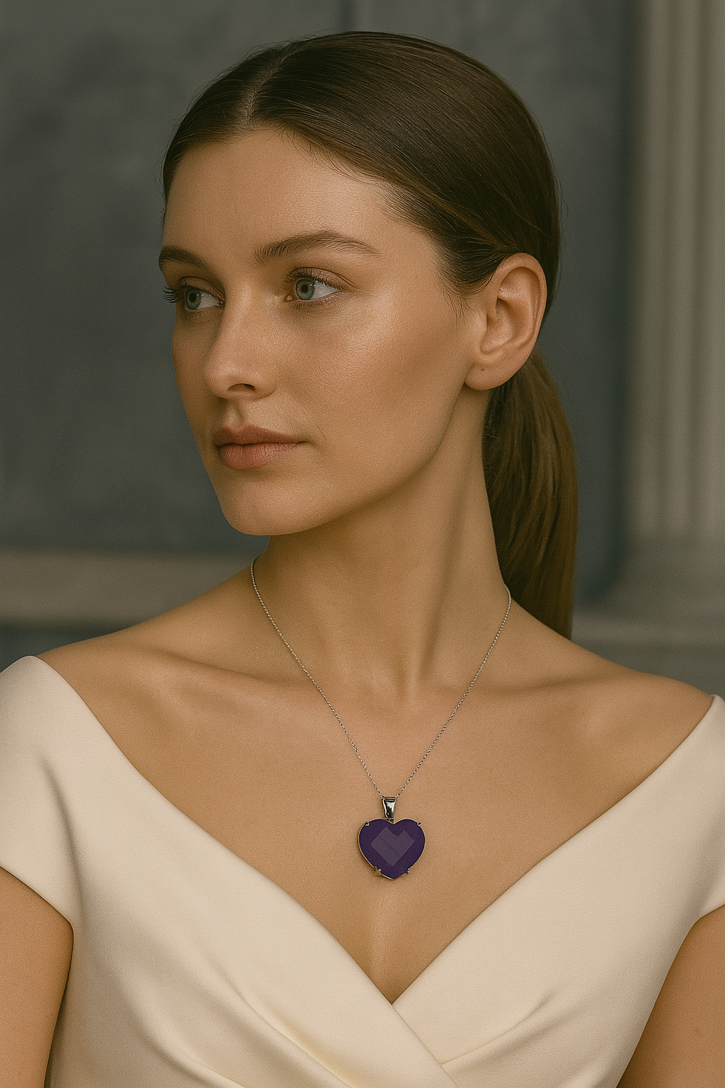 Sertifikalı Ametist Doğal Taş Gümüş Renkli Kolye