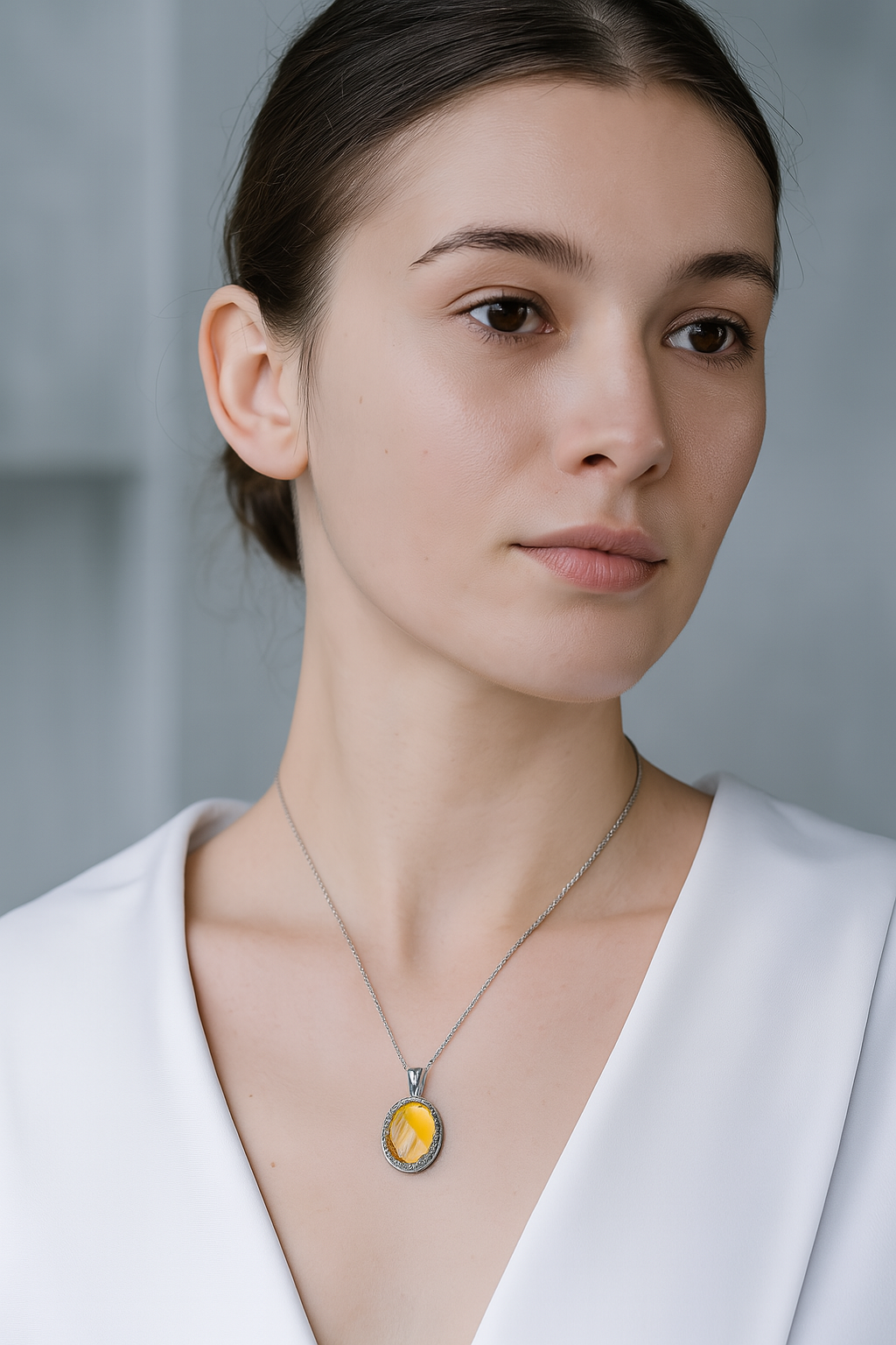 Sertifikalı Sitrin Doğal Taş Gümüş Kolye