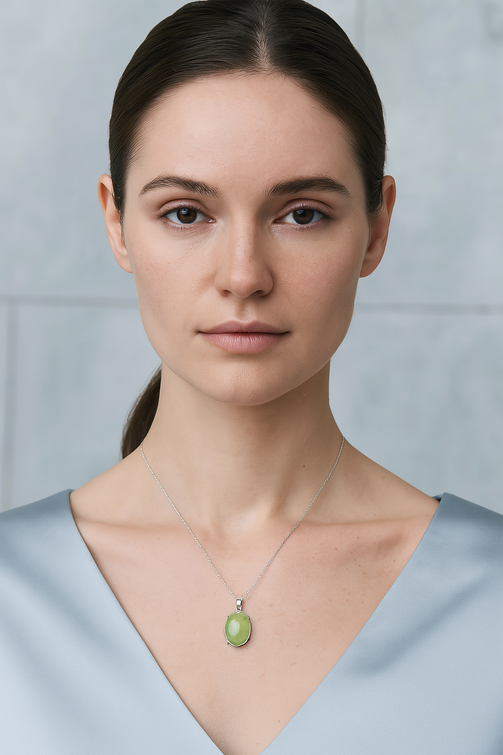 Sertifikalı Prehnite Doğal Taş Gümüş Kolye