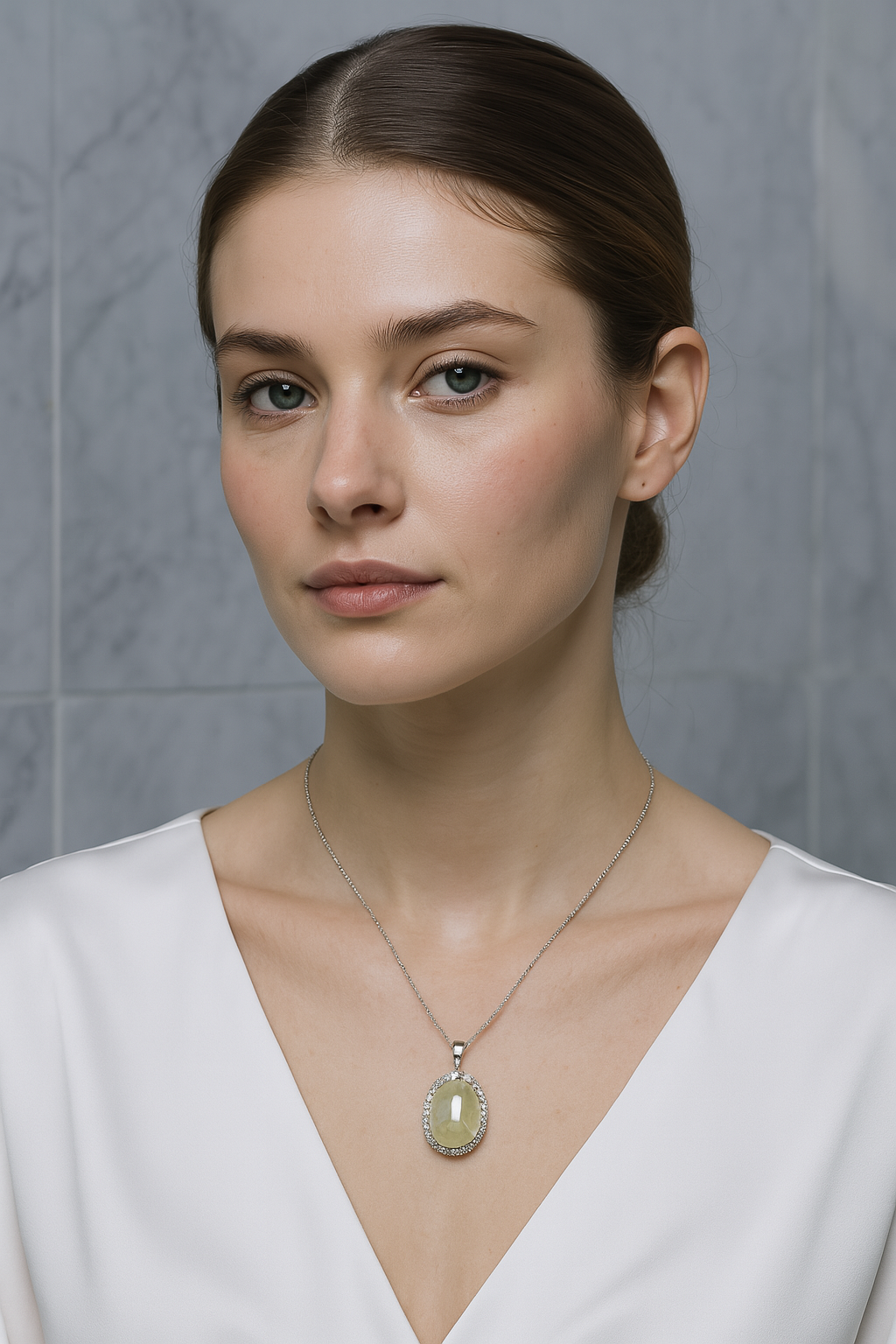 Sertifikalı Prehnite Doğal Taş Gümüş Kolye