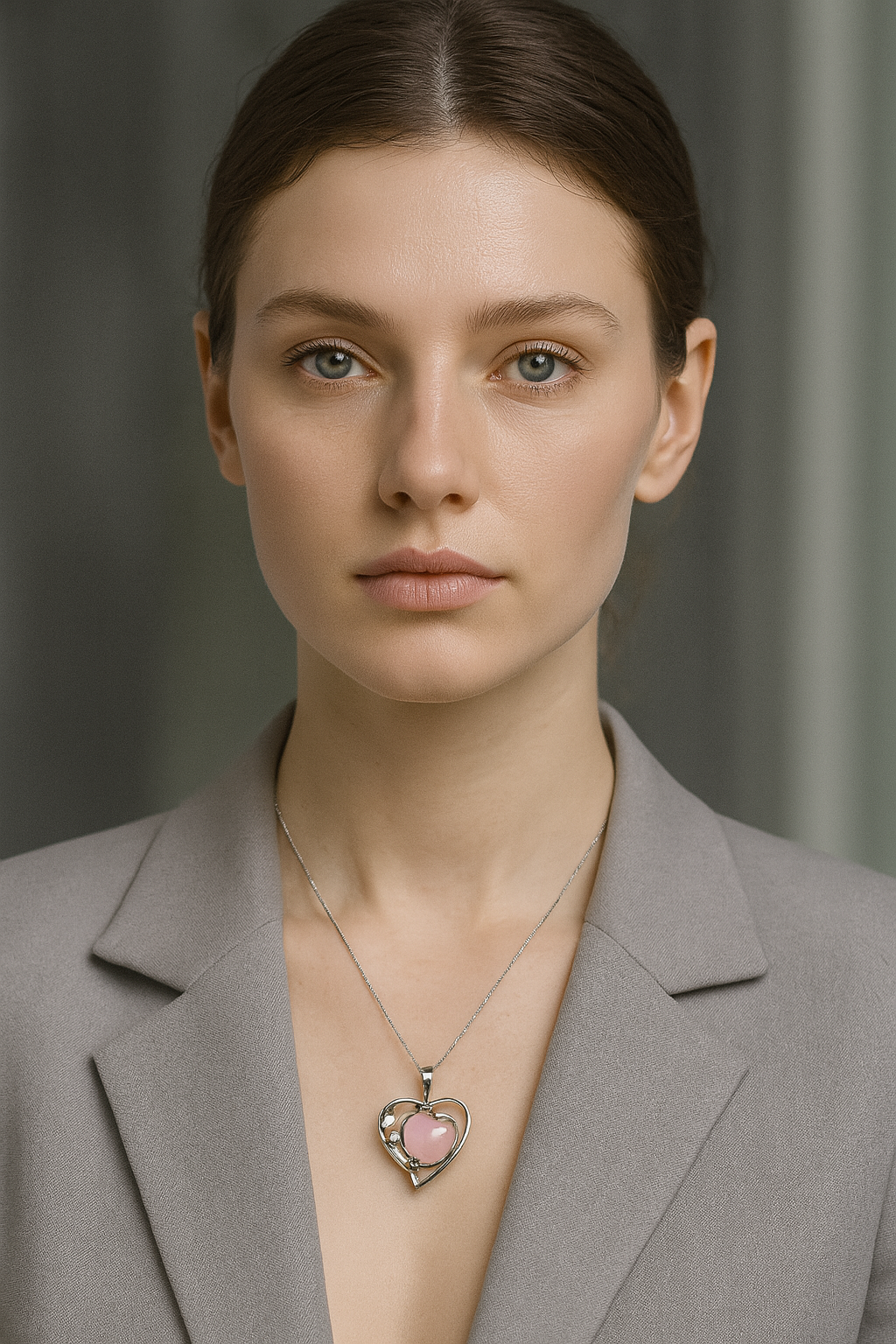 Sertifikalı Pembe Kuvars Doğal Taş Kalp Model Kolye