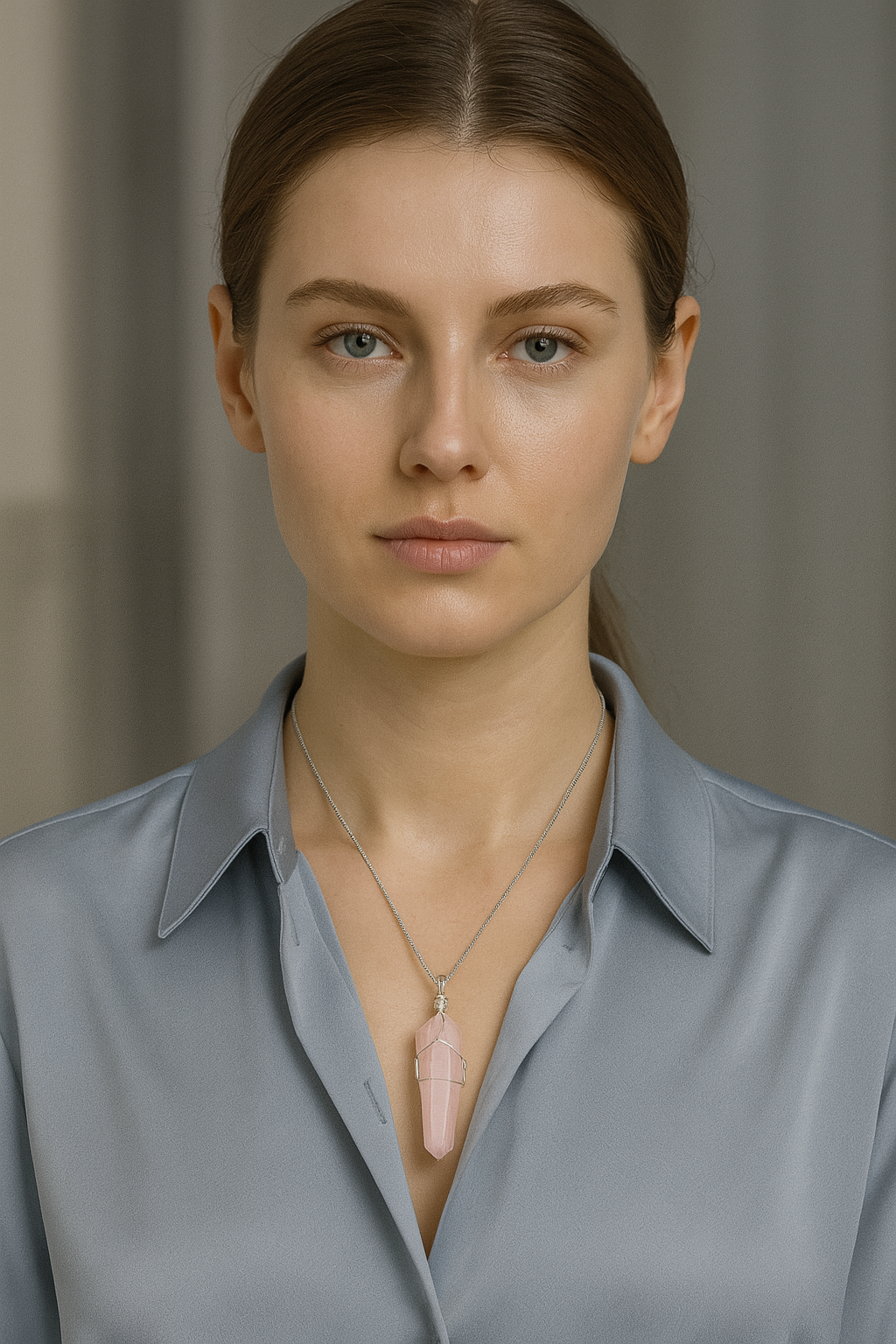 Sertifikalı Pembe Kuvars Doğal Taş Tel Sarmalı Kolye