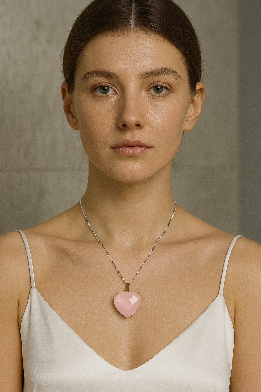 Sertifikalı Pembe Kuvars Doğal Taş Gümüş Renkli Kolye