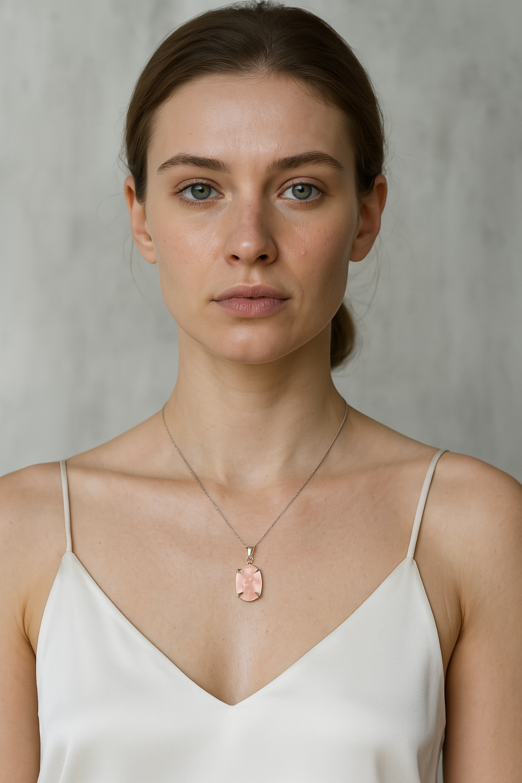 Sertifikalı Pembe Kuvars Doğal Taş Gümüş Kolye