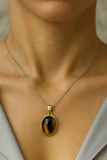 Sertifikalı Kaplan Gözü Doğal Taş 925 Ayar Gümüş Kolye | Pirtash | Özel Üretim