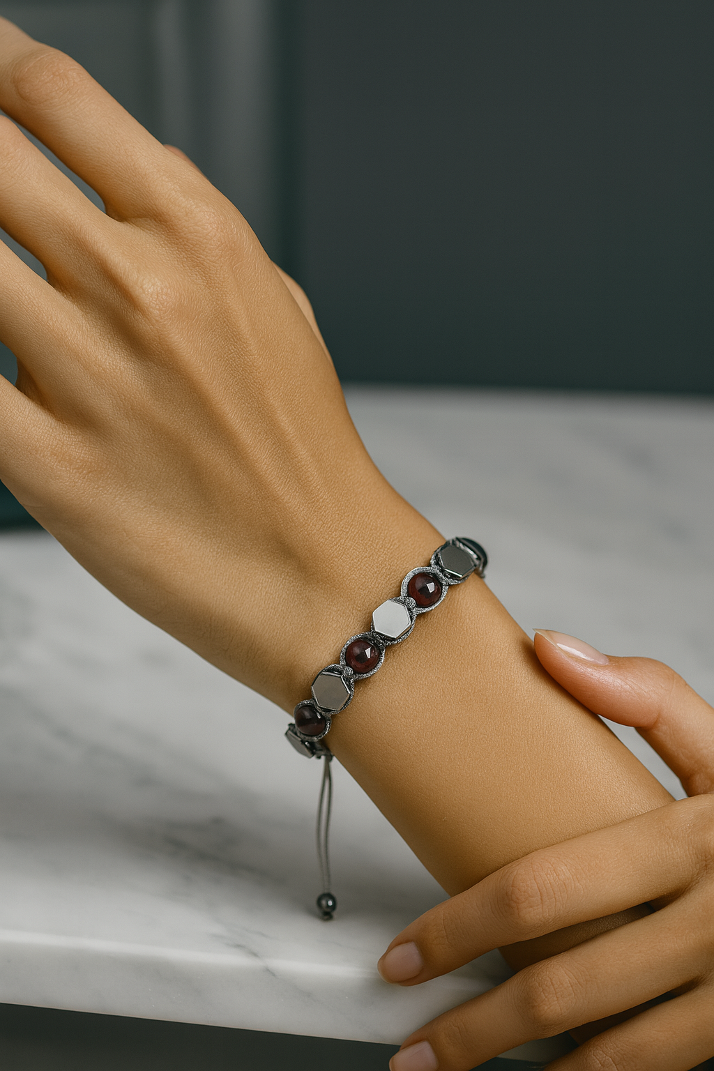 Garnet & Hematit Doğal Taş Makrome Bileklik – Pirtash