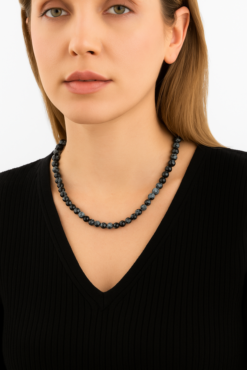 Sertifikalı Karlı Obsidyen 6 mm Dizi Doğal Taş Kolye