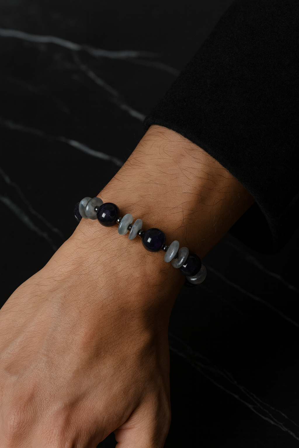 Ametist, Labradorit ve Hematit Doğal Taş Bileklik – Unisex Şık Tasarım