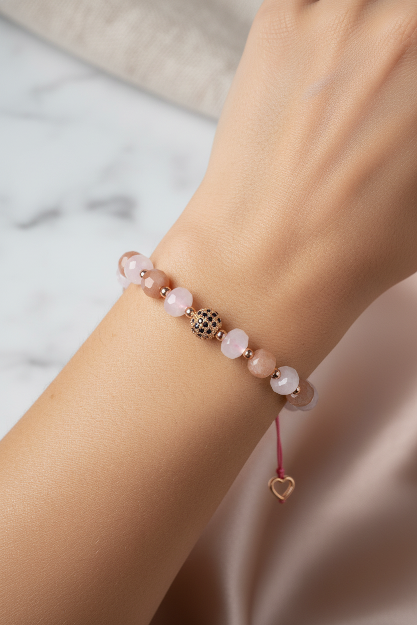 Güneş Taşı ve Pembe Kuvars Doğal Taş Bileklik – Unisex Şık Tasarım