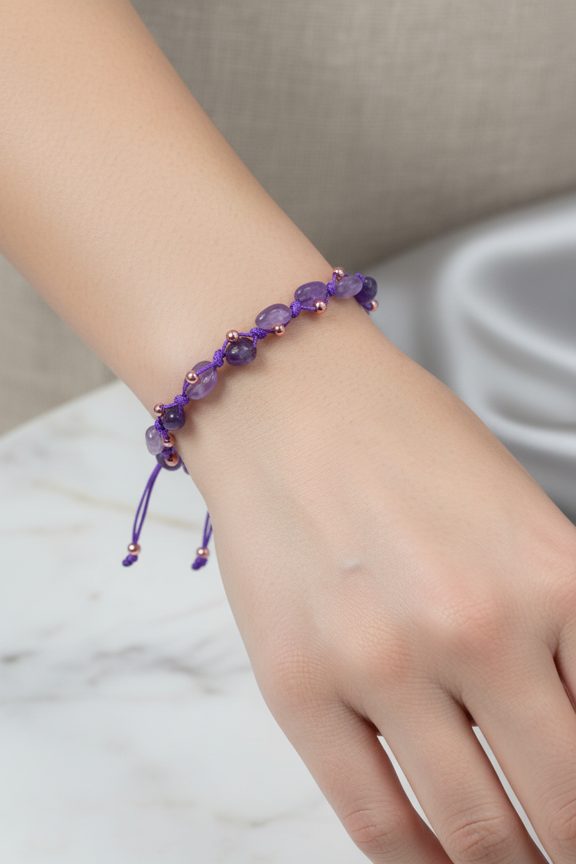 Ametist Doğal Taş Merdiven Kapama Bileklik – Büyük Kesim Naturel & Ayarlanabilir İpli Tasarım