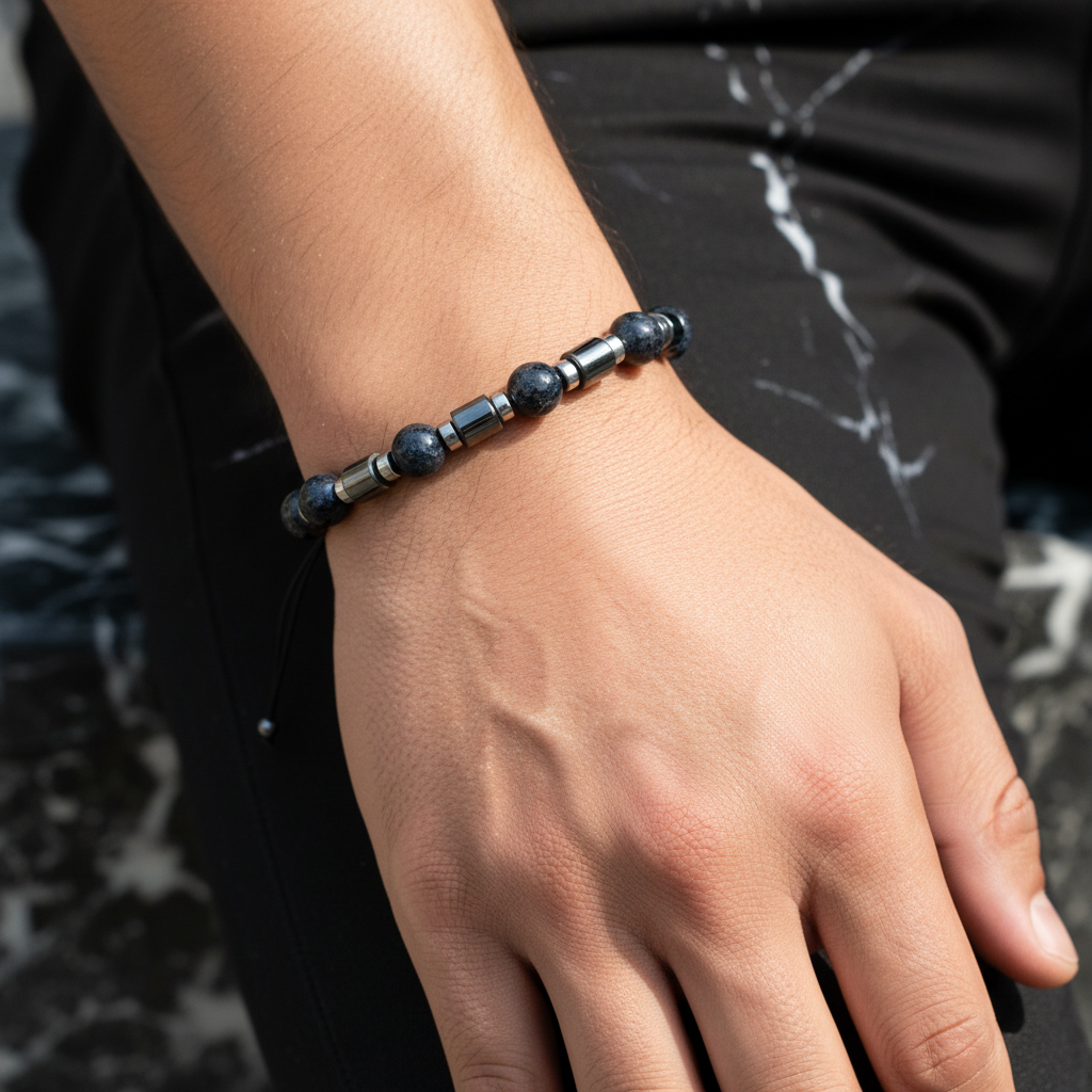 Dumortierit & Hematit Doğal Taş Erkek Makrome Bileklik – Özel Tasarım