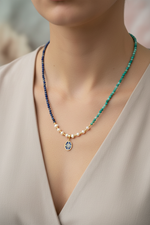 Mozaik Lapis Lazuli, Amazonit & İnci Doğal Taş 925 Ayar Gümüş Tasarım Kolye – Özel Tasarım