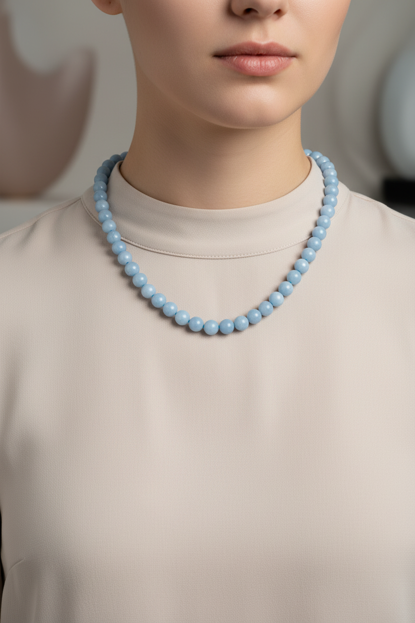 Anjelit Doğal Taş Kolye – 8 mm Düğümlü, Unisex Tasarım