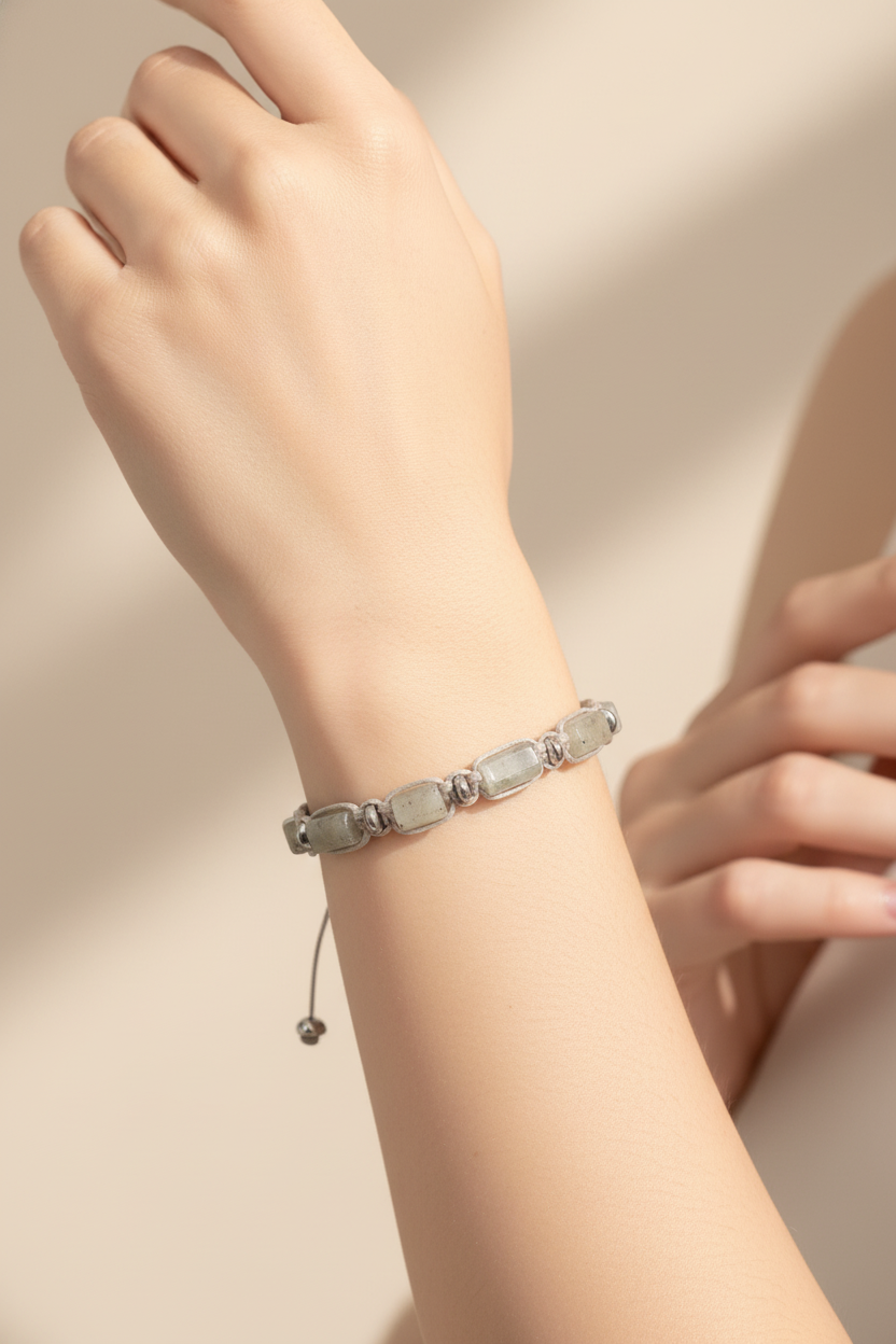 Sertifikalı Labradorit & Hematit Doğal Taş Silindir Kesim Makrome Bileklik | Pirtash | Özel Üretim