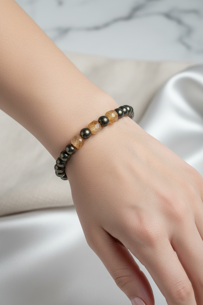 Sitrin ve Pirit Doğal Taş Bileklik – 8 mm Misinalı, Unisex Tasarım
