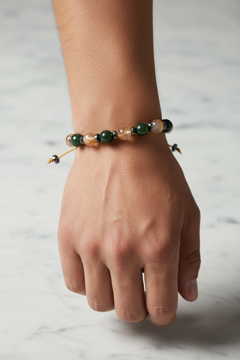 Yeşim, Sitrin ve Hematit Doğal Taş Bileklik – Unisex Şık Tasarım