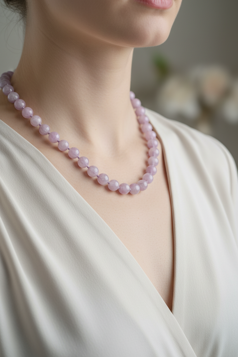 Kunzit Doğal Taş Kolye – 8 mm Düğümlü, Unisex Tasarım