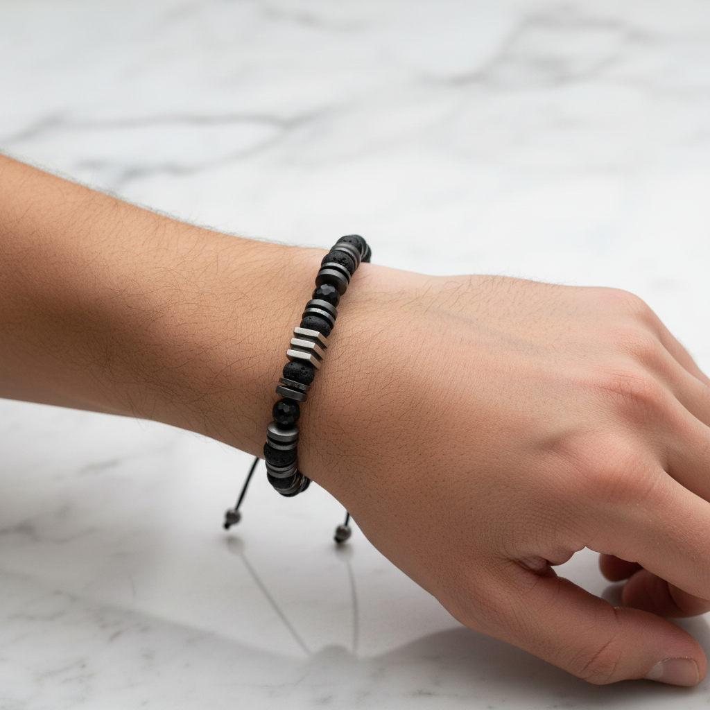 Turmalin, Siyah Lav Taşı & Hematit Doğal Taş Erkek Makrome Bileklik – Özel Tasarım