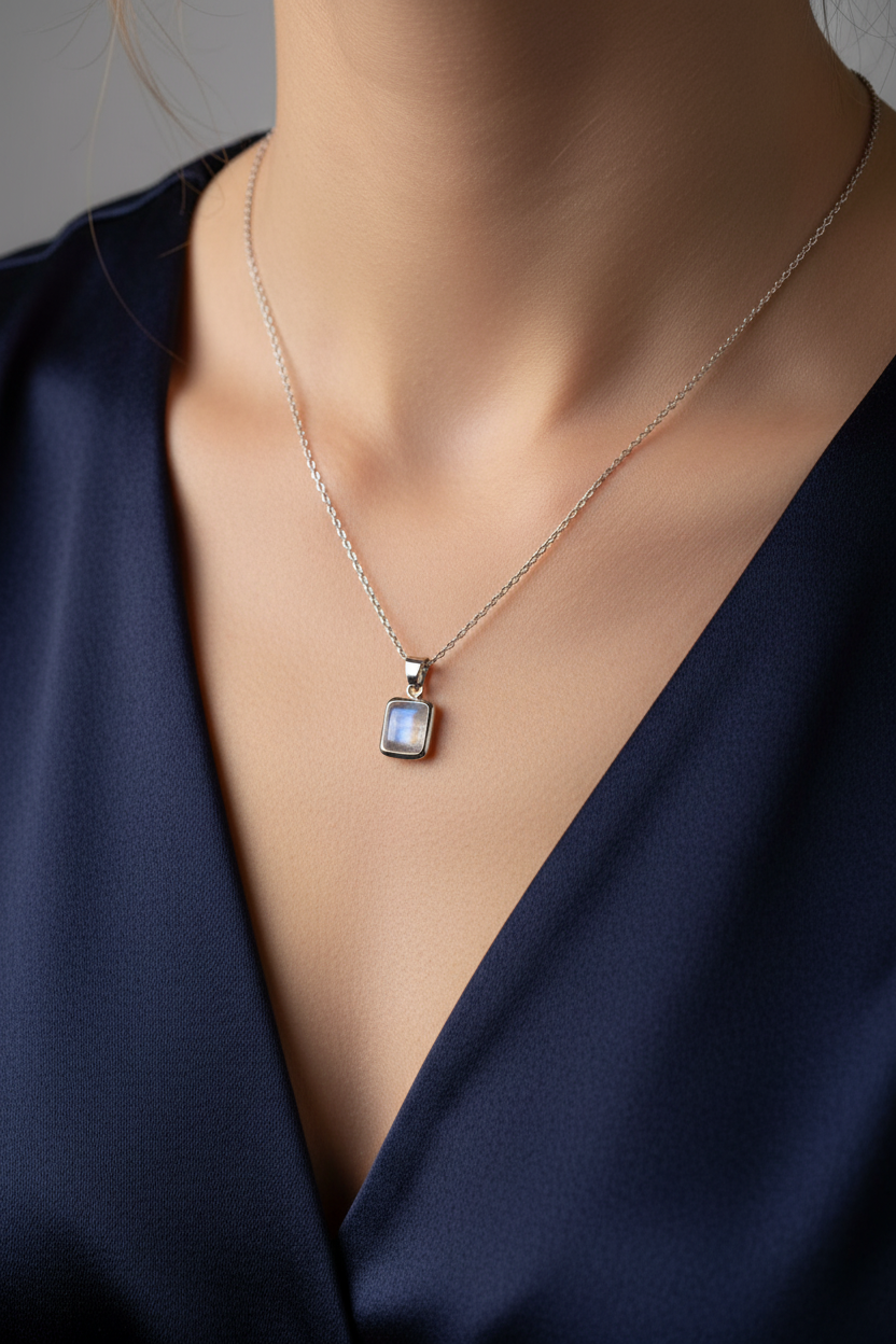 Ay Taşı Doğal Taş 925 Ayar Gümüş Kolye