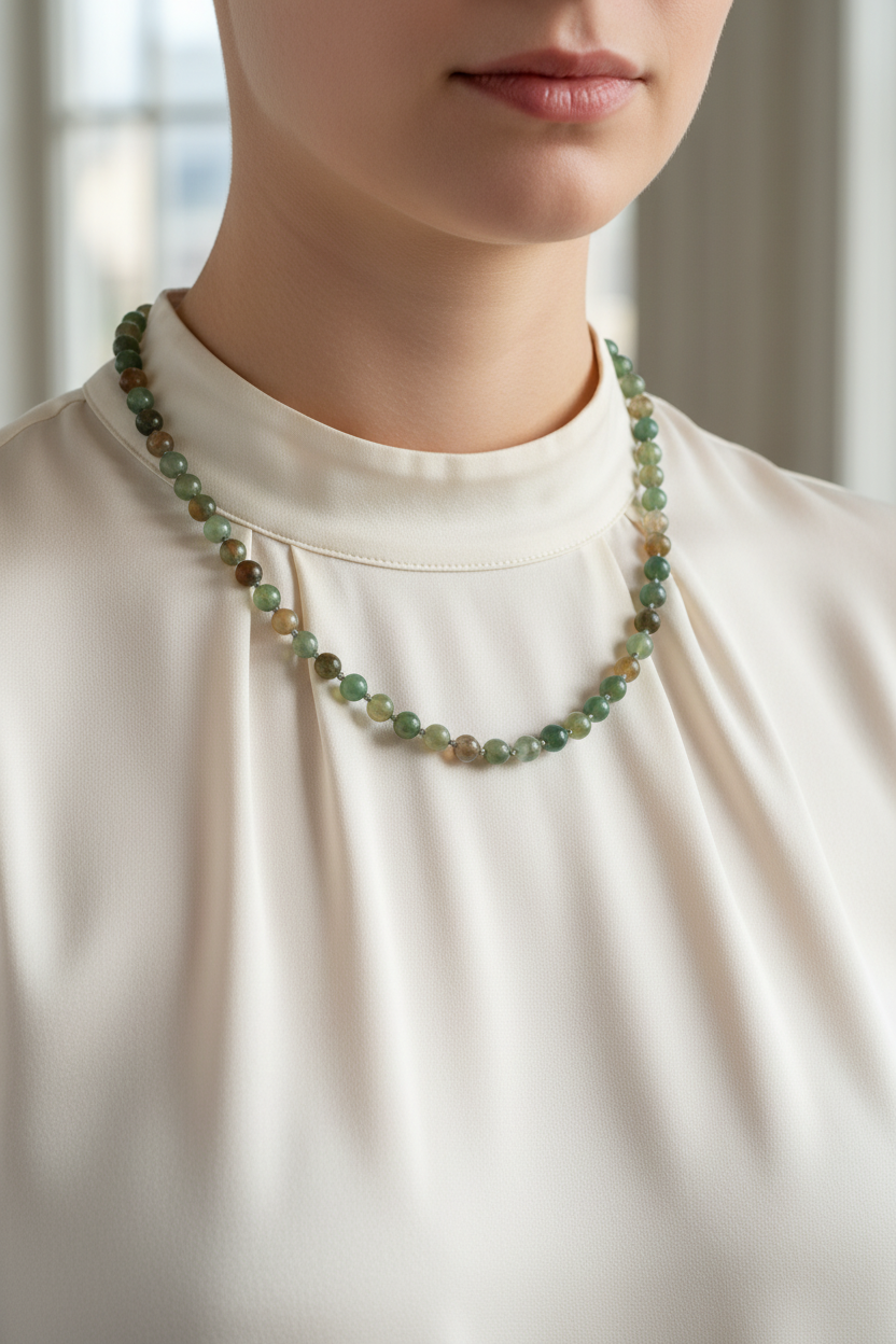 Hint Akiği 6 mm Düğümlü Doğal Taş Kolye – Unisex El İşçiliği