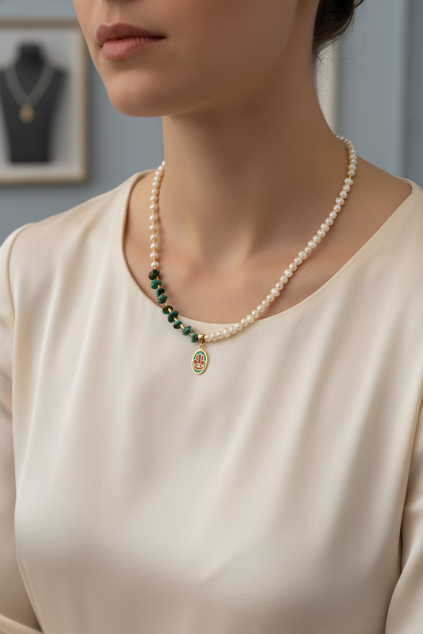 Mozaik Turkuaz (Firuza) Taşlı & İnci Doğal Taş 925 Ayar Gümüş Tasarım Kolye – Özel Tasarım