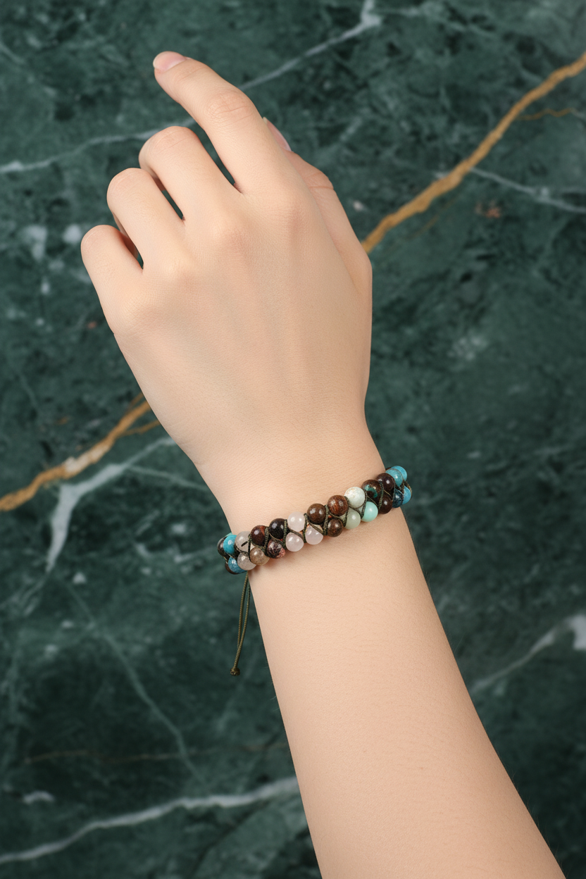 Sertifikalı Boğa Burcu Doğal Taş Çift Sıra Makrome Bileklik – 6 mm | Pirtash | Özel Üretim