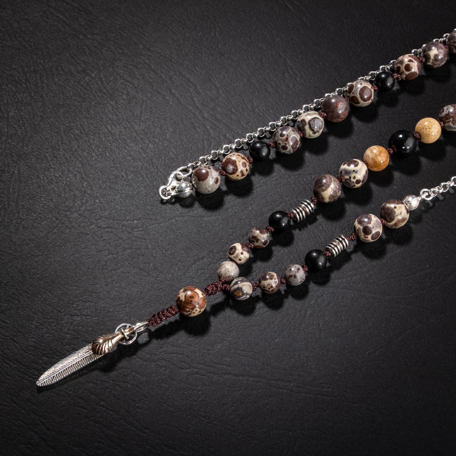 Erkek Kolyesi Fosil Mercan-Şungit-Meksika Jasper-Hematit Doğal Taş Gümüş Tasarım Kolye