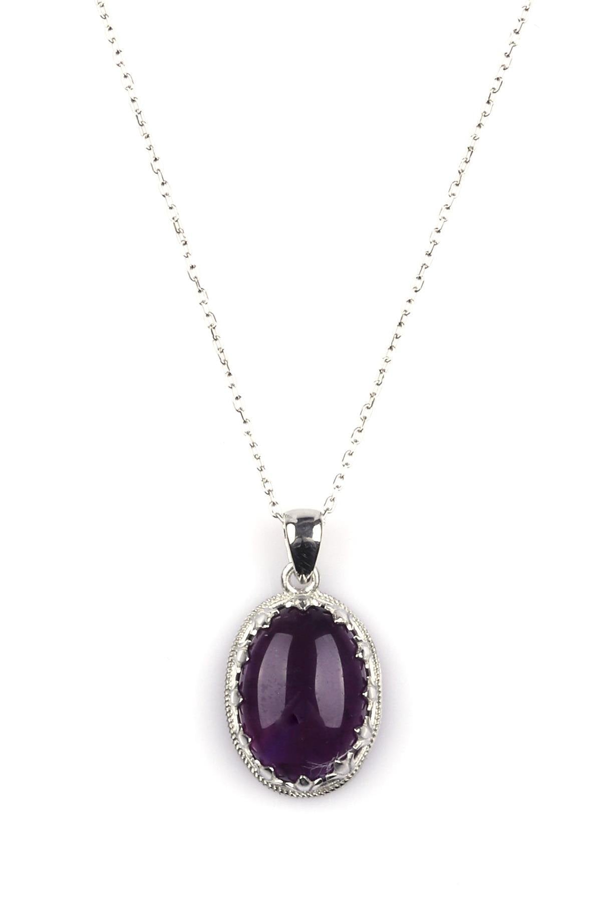 Sertifikalı Ametist Doğal Taş 925 Ayar Gümüş Kolye