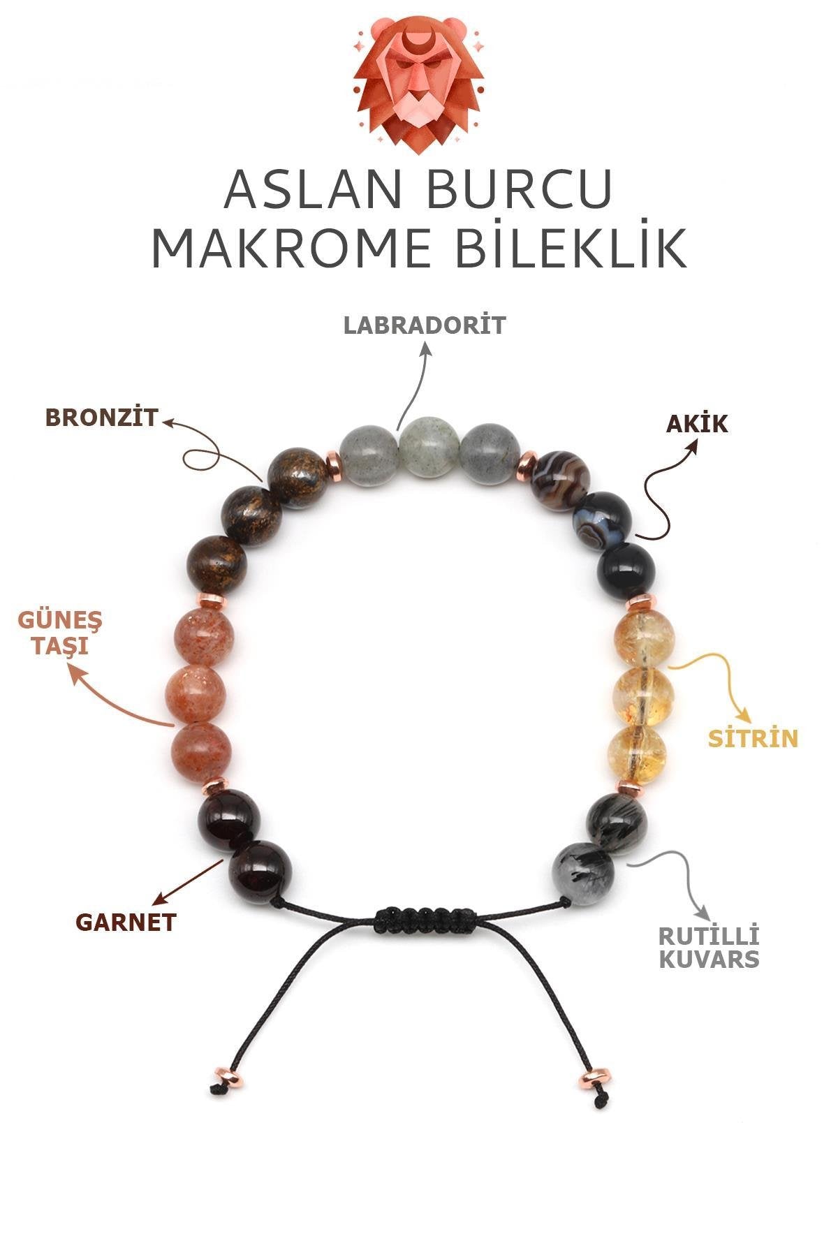 Sertifikalı Aslan Burcu Doğal Taş Makrome Bileklik