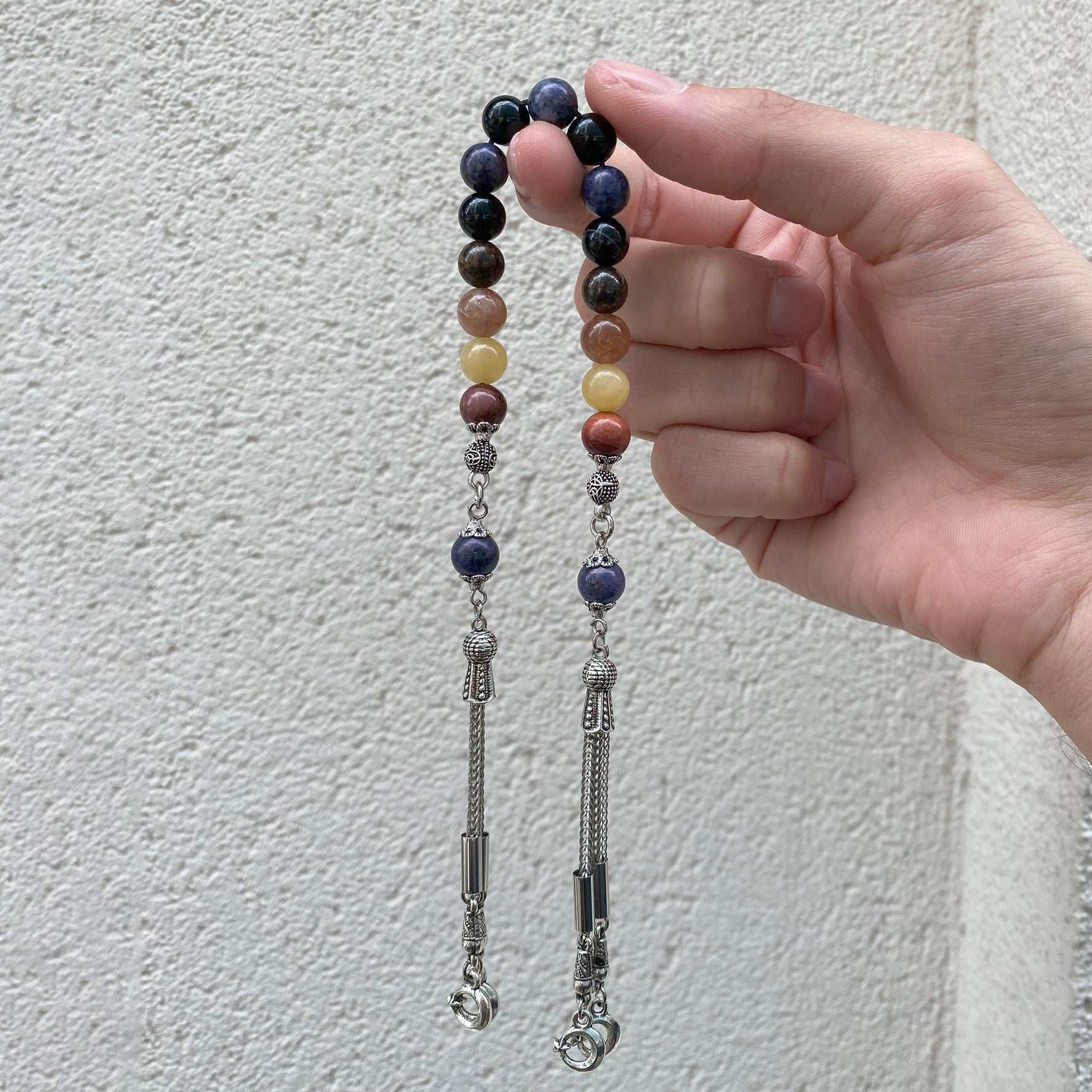 Aslan Burcu Zaza Tesbih Doğal Taş Bronzit, Dumortierit, Güneş Taşı, Jasper, Kalsit, Siyah Göz Akik