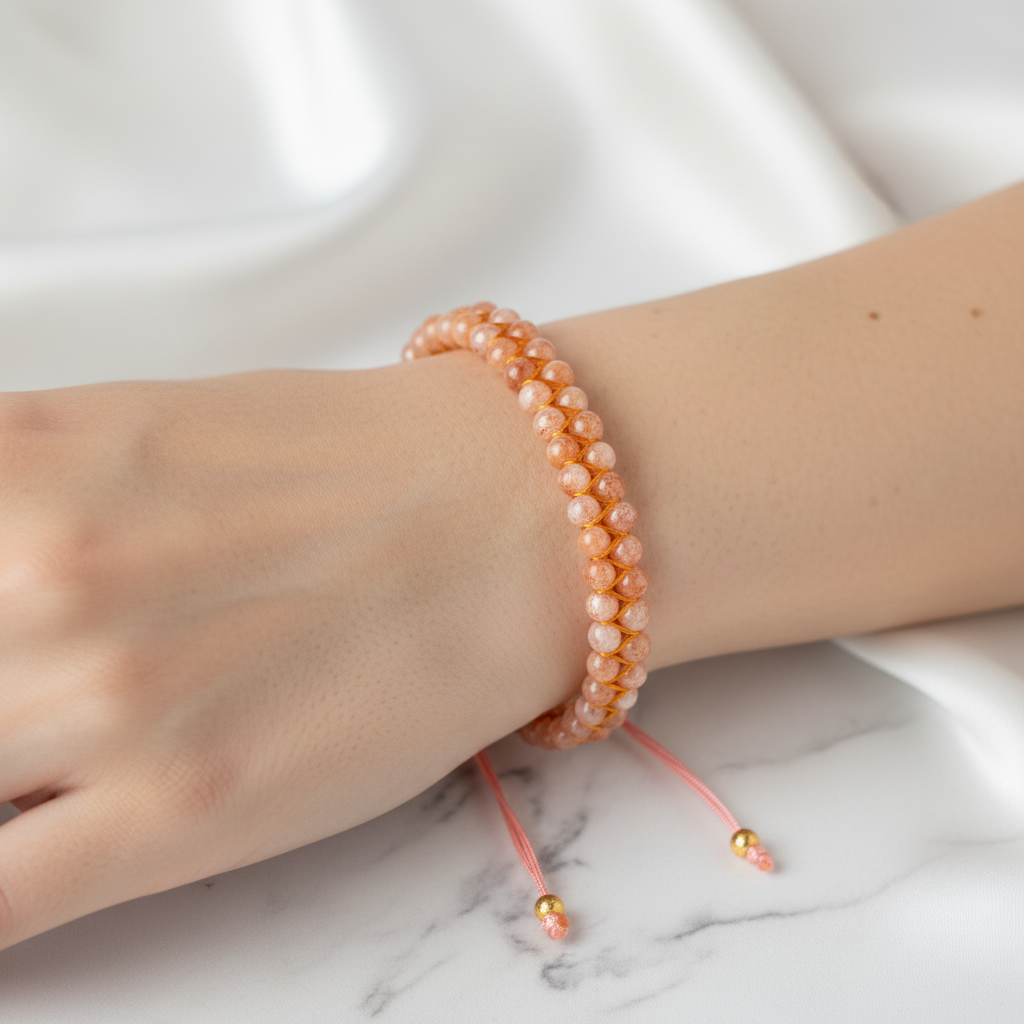 Güneş Taşı 4 mm Çift Sıra Doğal Taş Bileklik – Unisex El İşçiliği