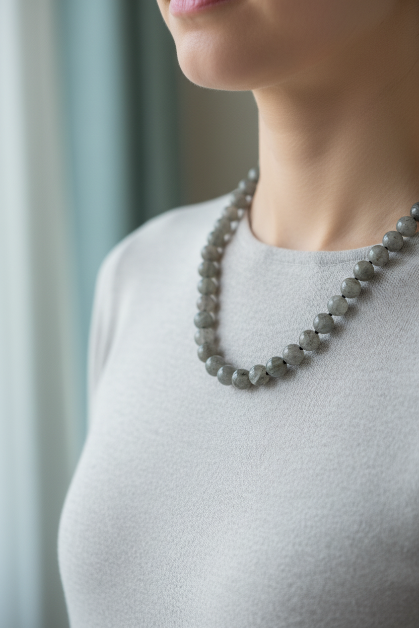 Labradorit Doğal Taş Kolye – 8 mm Düğümlü, Unisex Tasarım