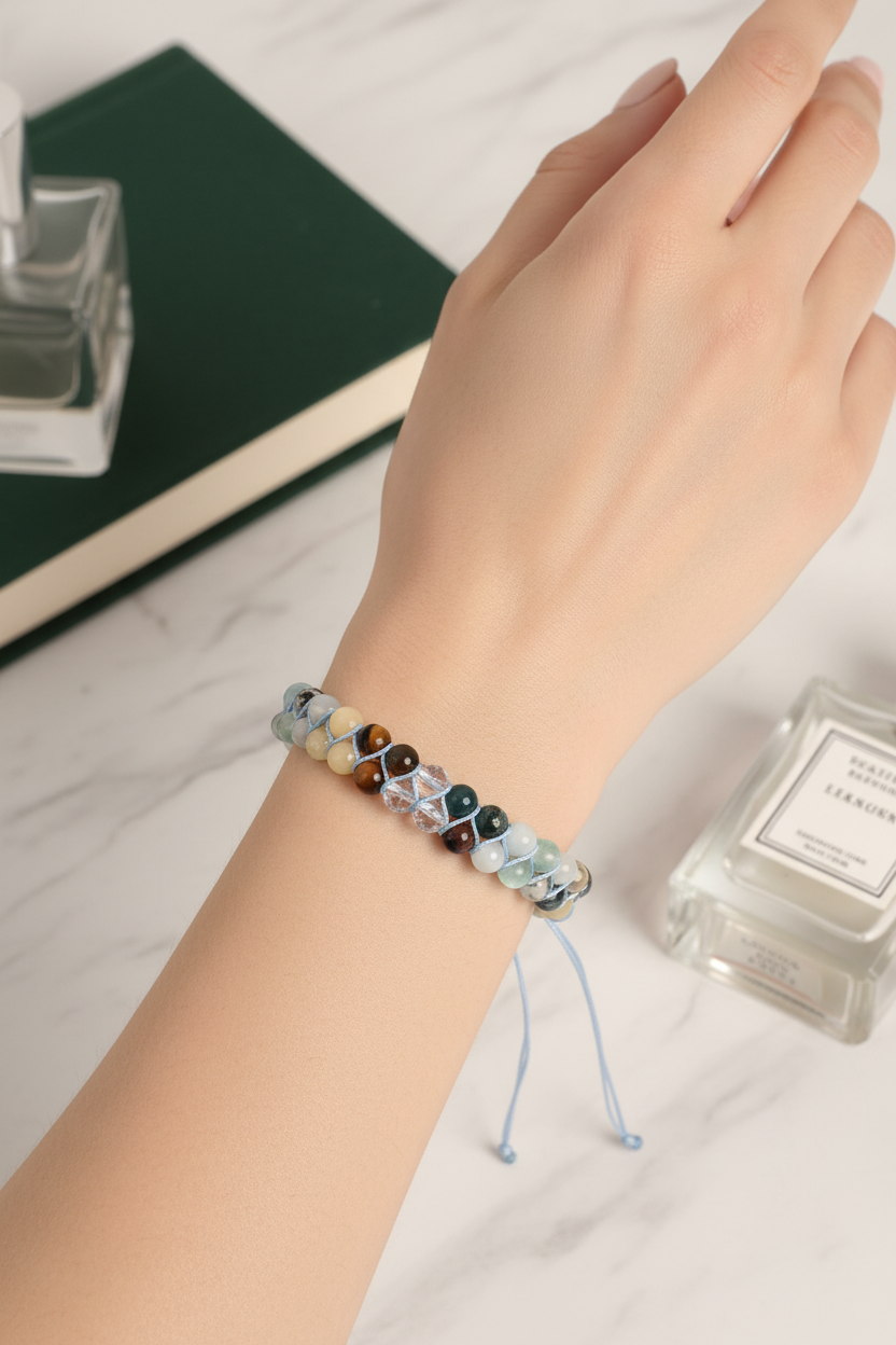 Sertifikalı Balık Burcu Doğal Taş Çift Sıra Makrome Bileklik – 6 mm | Pirtash | Özel Üretim