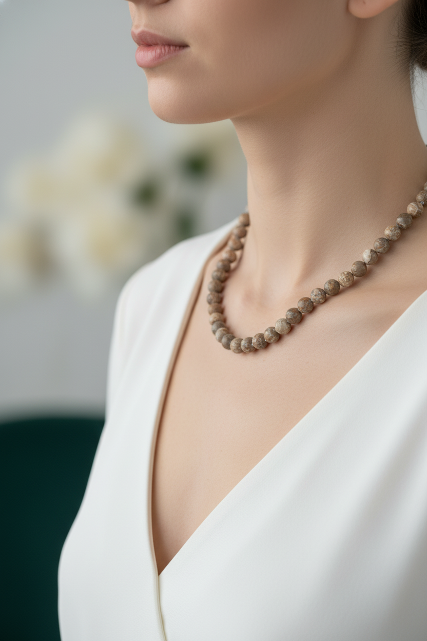 Fosil Mercan Doğal Taş Kolye – 8 mm Düğümlü, Unisex Tasarım