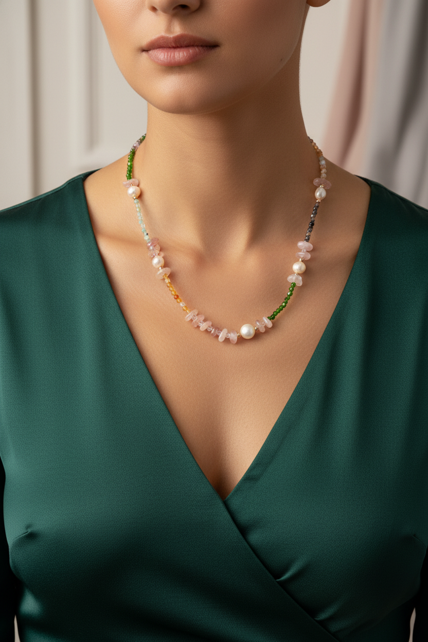 Karnelyan Akik, İyolit, Pembe Opal, İnci, Pembe Kuvars, Hematit, Diopsit & Prehnit Doğal Taş Kolye – Özel Tasarım