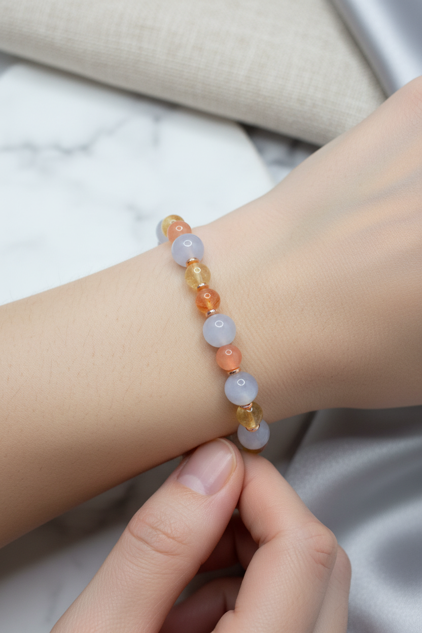 Sitrin, Yemen Akiği, Kalsedon ve Hematit Doğal Taş Bileklik – Misinalı, Unisex Tasarım