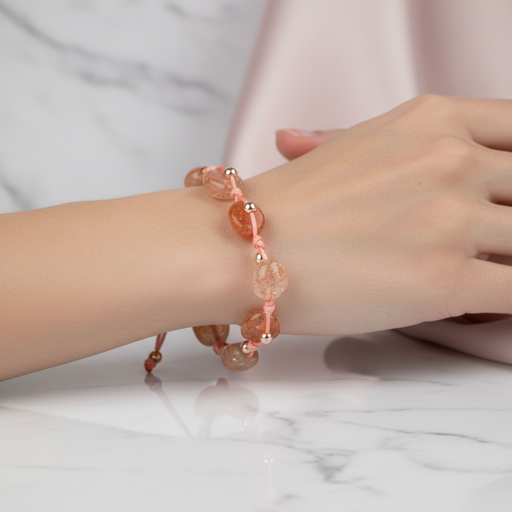 Güneş Taşı Natürel Kesim Doğal Taş Makrome Bileklik – Unisex El İşçiliği