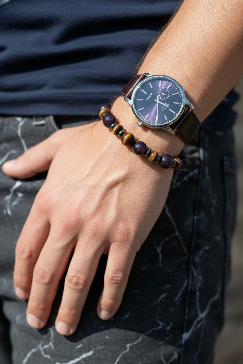 Ametist, Kaplan Gözü ve Hematit Doğal Taş Bileklik – Unisex Şık Tasarım