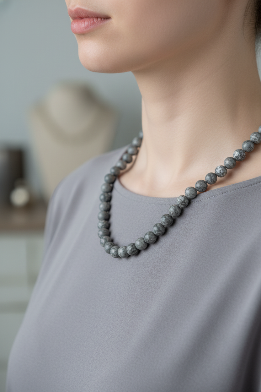 Gri Jasper Doğal Taş Kolye – 8 mm Düğümlü, Unisex Tasarım