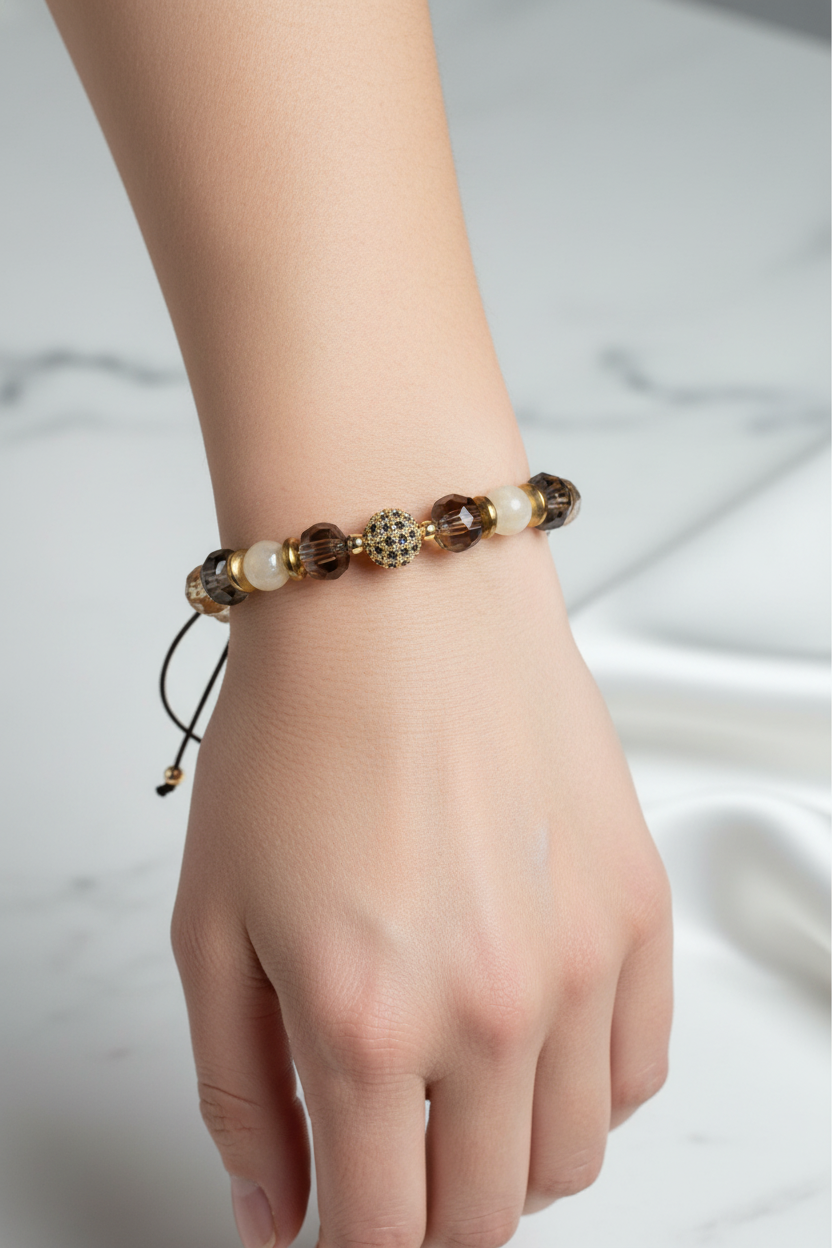 Dumanlı Kuvars, Sitrin ve Hematit Doğal Taş Bileklik – Unisex Şık Tasarım