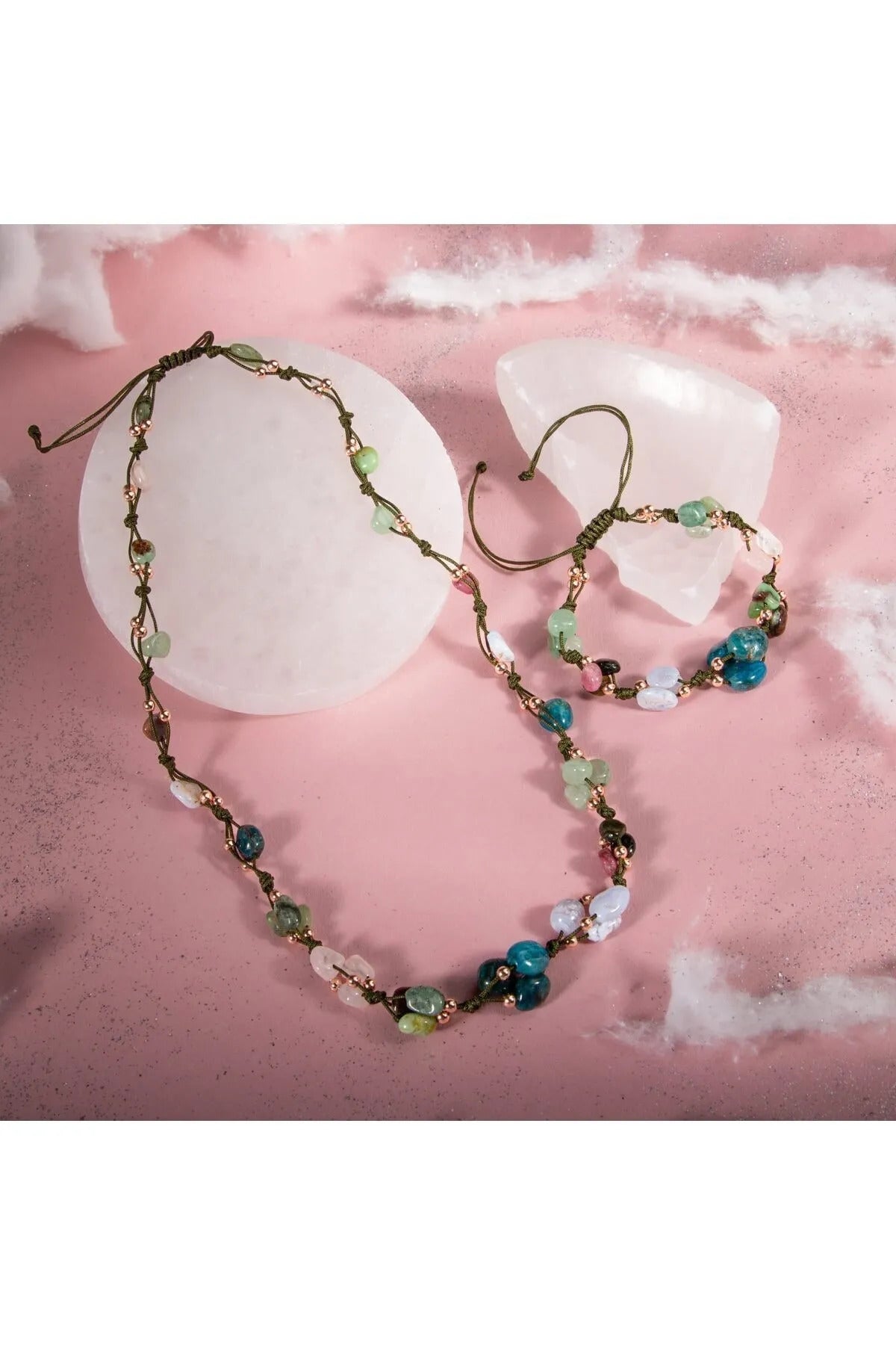 Boğa Burcu Doğal Taş Natürel Makrome Kolye Bileklik Seti Apatit Aventurin Kiyanit Kalsedon Krizopras Pembe Kuvars Turmalin