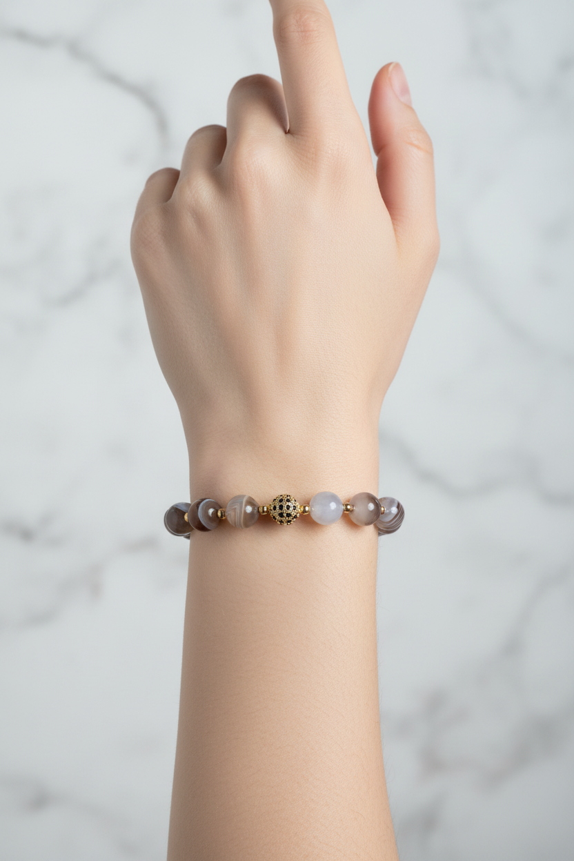 Botswana Akik Doğal Taş Bileklik – Zirkon Aparatlı, Unisex Şık Tasarım