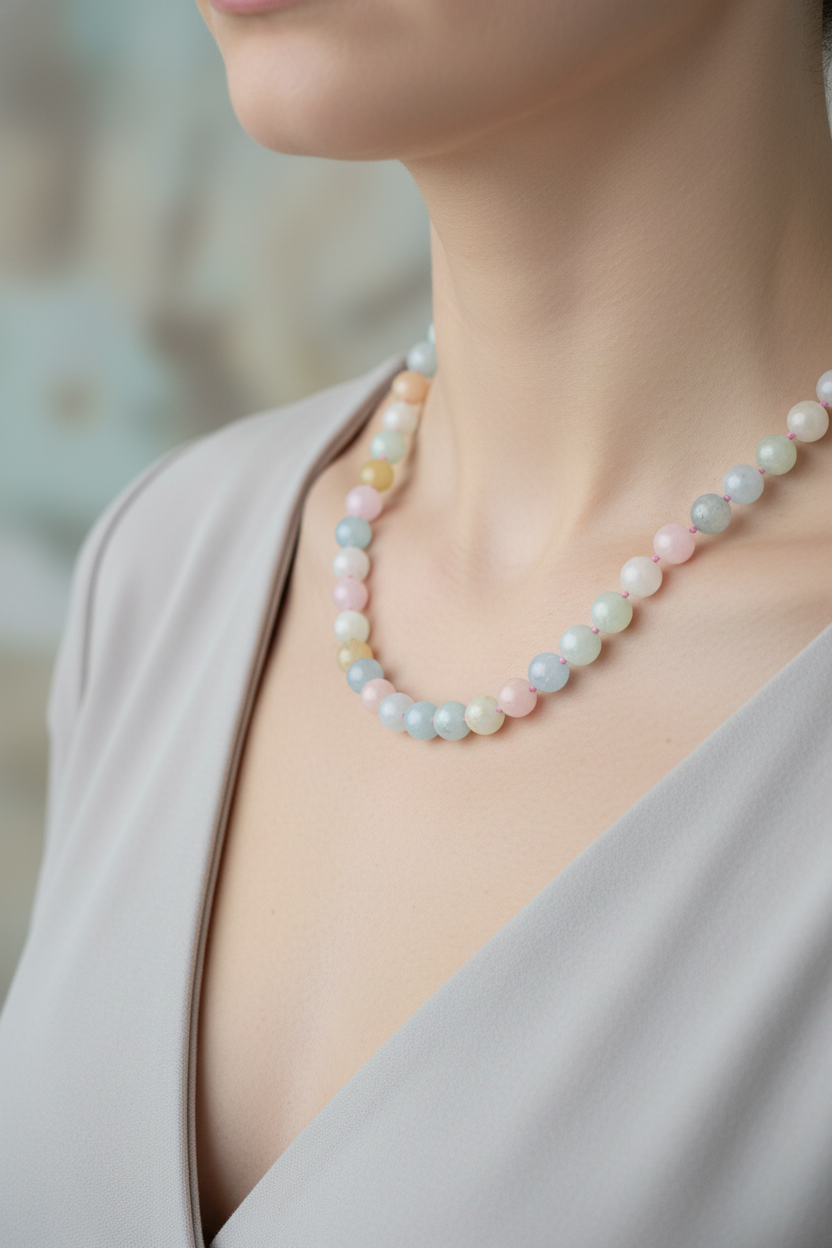 Heliodor Doğal Taş Kolye – 8 mm Düğümlü, Unisex Tasarım