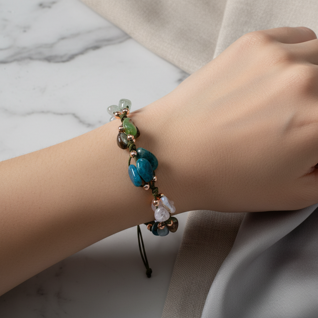 Boğa Burcu Doğal Taş Makrome Bileklik – Kalsedon, Kiyanit, Krizopras, Mavi Apatit, Pembe Kuvars, Renkli Turmalin, Yeşil Aventurin – Özel Tasarım