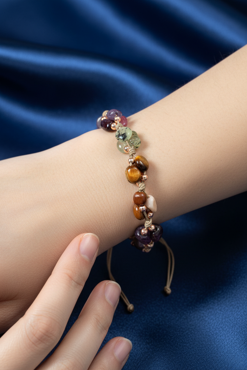 Oğlak Burcu Doğal Taş Makrome Bileklik – Ametist, Granat Lal, Jasper, Kaplan Gözü, Kunzit, Prehnit & Renkli Turmalin