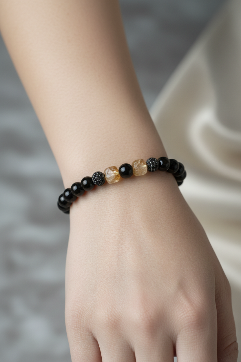 Sitrin, Obsidyen ve Siyah Zirkon Doğal Taş Bileklik – 8 mm Unisex Tasarım