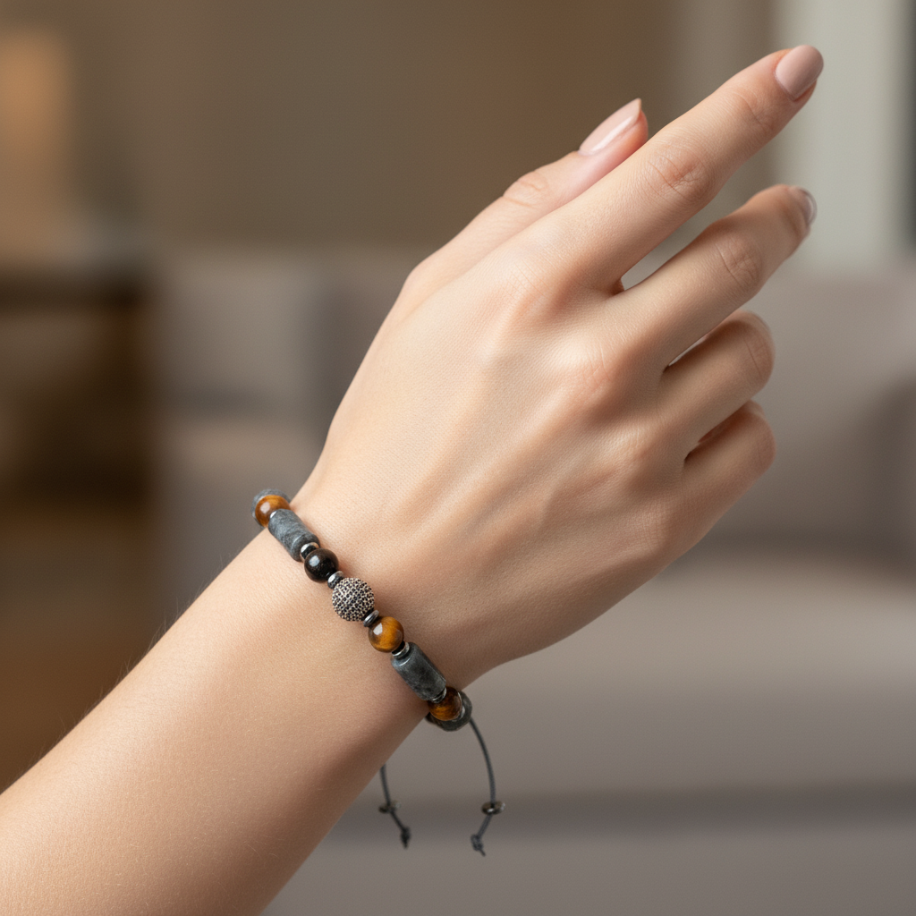 Spektrolit, Kaplan Gözü, Labradorit, Hematit Gümüş Aparat Doğal Taş Makrome Bileklik