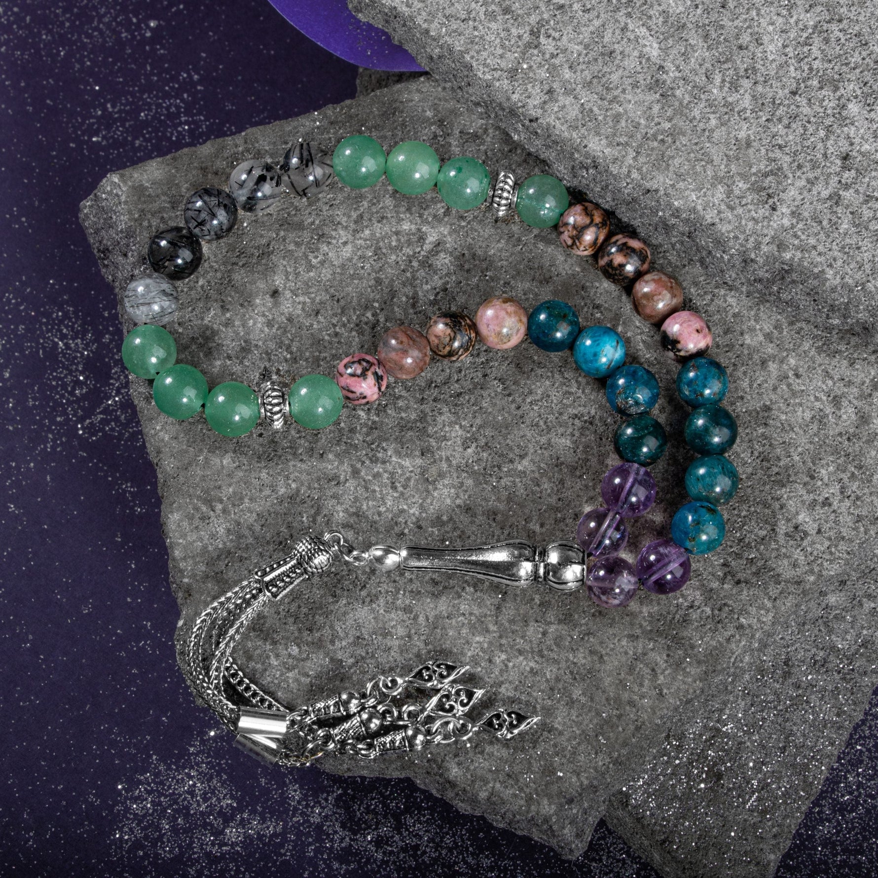 Boğa Burcu Tesbih Ametrin, Mavi Apatit, Rodonit, Rutilli Kuvars, Yeşil Aventurin
