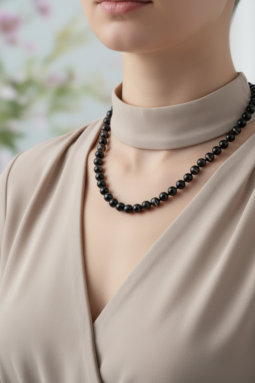 Siyah Göz Akik Doğal Taş Kolye – 8 mm Düğümlü, Unisex Tasarım