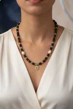 Hindistan Cevizi Kabuğu, Yeşil Aventurin & İnci Doğal Taş 925 Ayar Gümüş Tasarım Kolye – Özel Tasarım